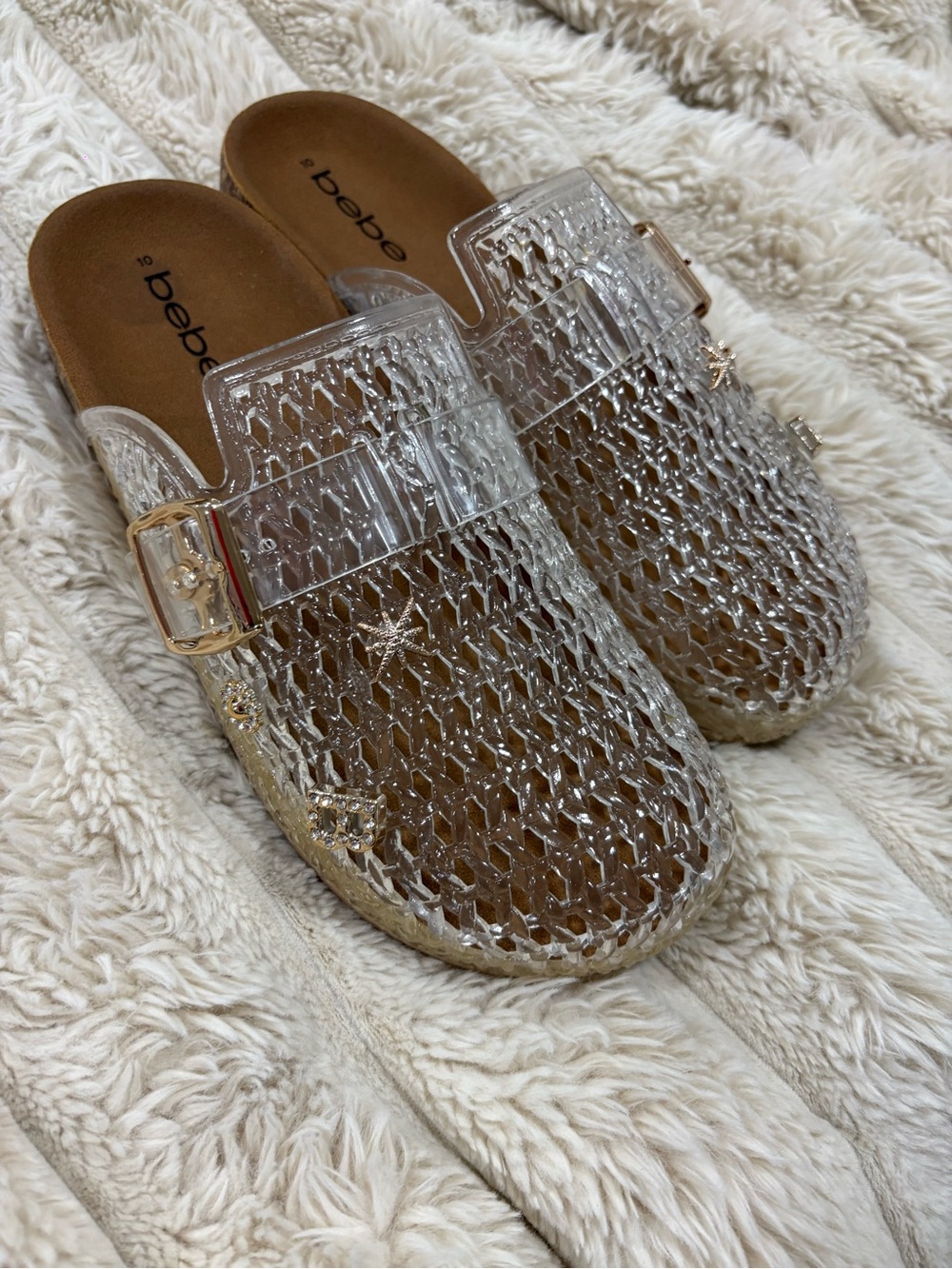 bebe Clear Jelly Woven Mules with Gold Buckle & Charms wore once.